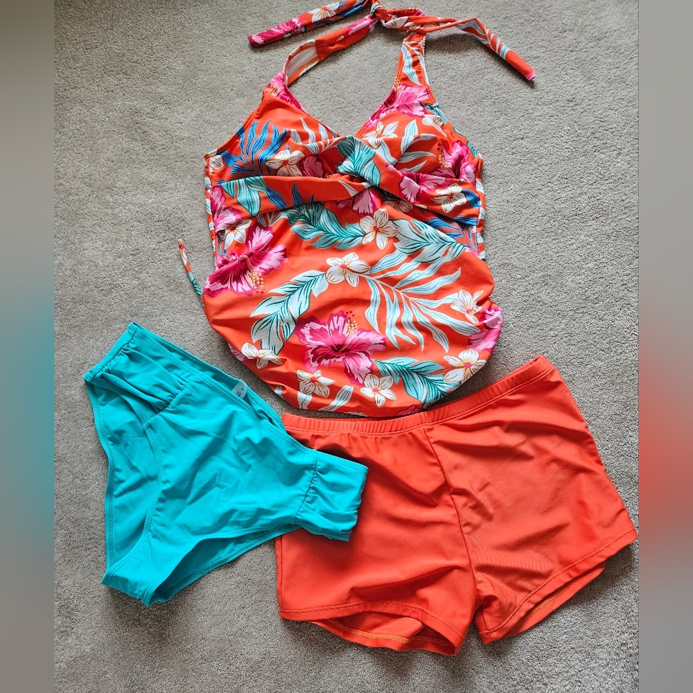 Tropical Halter Tankini Set with Teal Bikini Bottoms & Coral Shorts Size XL